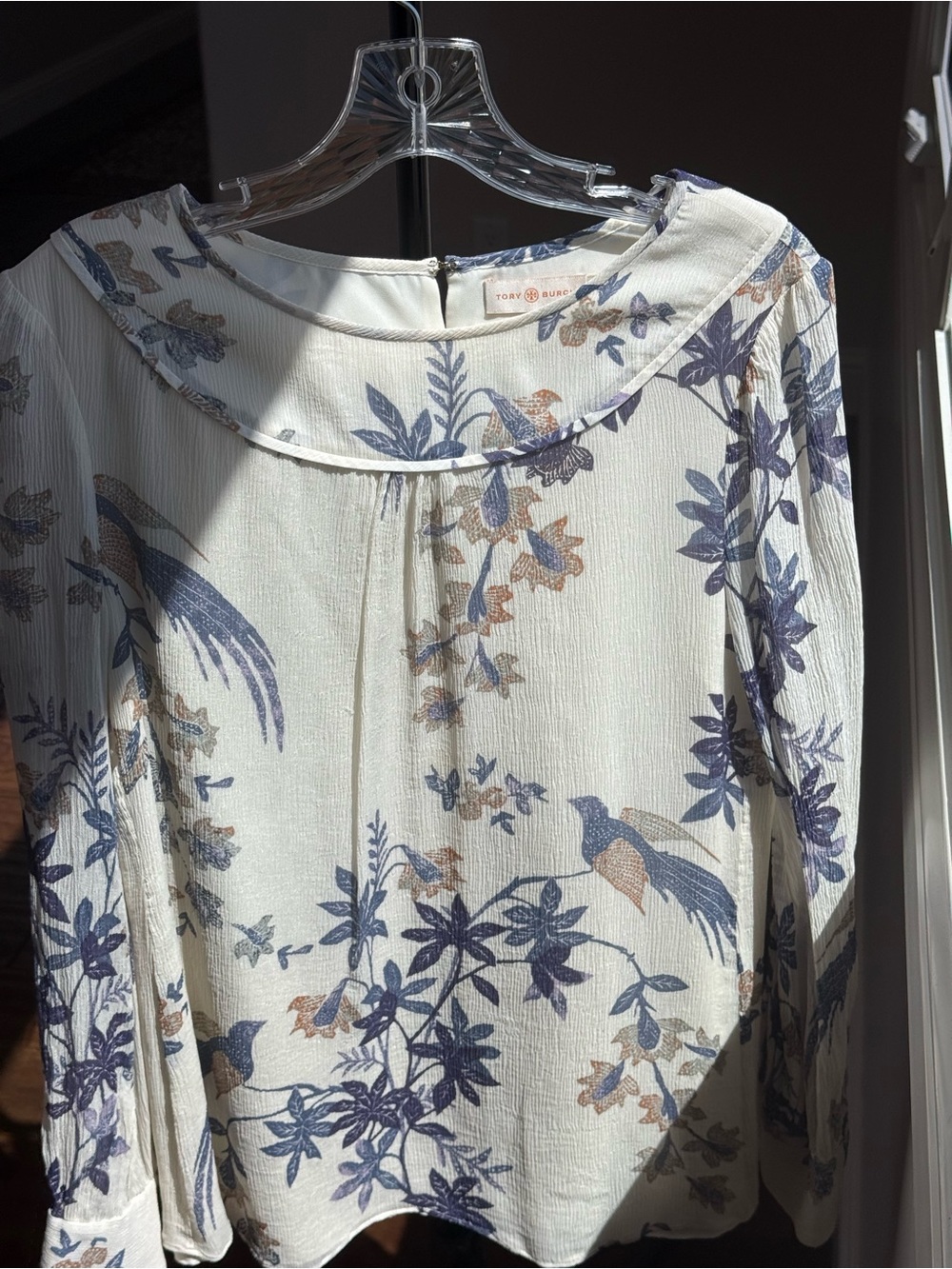 Tory Burch Cream Blouse with Blue Floral Trim - Picture 4 of 8